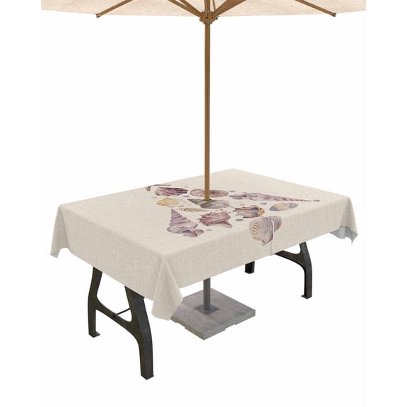 Fsddascl Coastal Christmas Outdoor Tablecloth - 60x84 Inch Rectangle Dining Table Cover, Xmas Tree Shell Starfish Rustic Waterproof Outdoor Table Cloth with Umbrella Hole & Zipper for Picnic/Patio