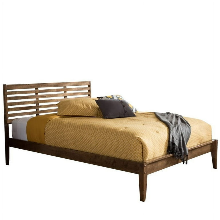 Baxton Studio Daylan Mid Century Modern Solid Walnut Wood Slatted Platform Bed Queen