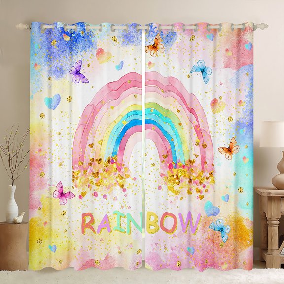 Homewish Wateroclor Rainbow Blackout Curtains Set of 2 (52x84 Each) for Teen, Dreamy Butterfly Window Curtains, Gold Glitter Love Heart Curtains and Drapes, Living Room Curtains Decor