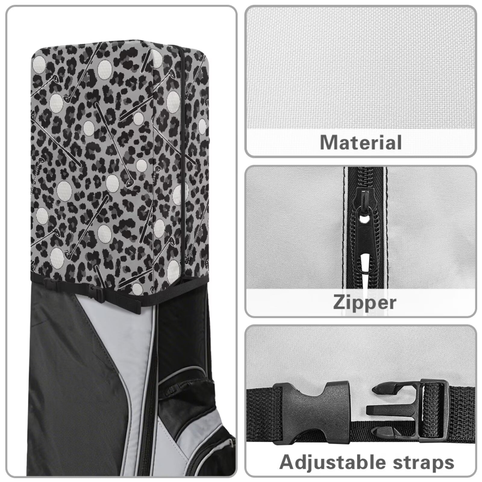 Chririnla Black Leopard Print Portable Golf Bag Rain Cover Hood Protector for Men Women Waterproof Rain Cover with Adjustable Strap