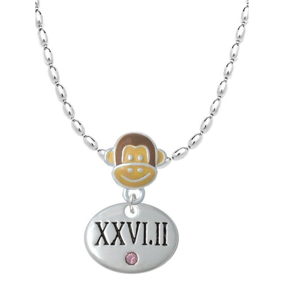 Delight Jewelry Silvertone Marathon with Pink Crystal Roman Numeral Mia Monkey Charm Necklace