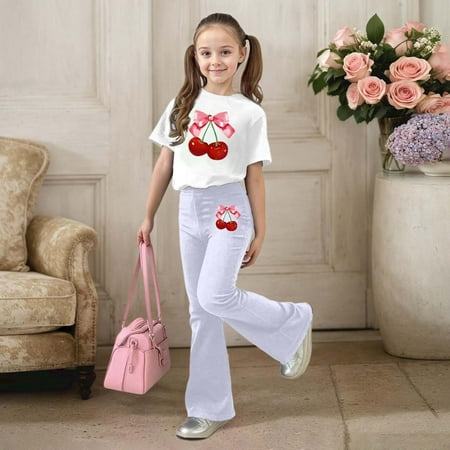 ZHOGXU Big Kids Girls Outfit Cherry Printed Short Sleeve Round Neck Top And Flare Leg Pants Two Piece Comfortable Fashion Sets For Daily Wear White 150