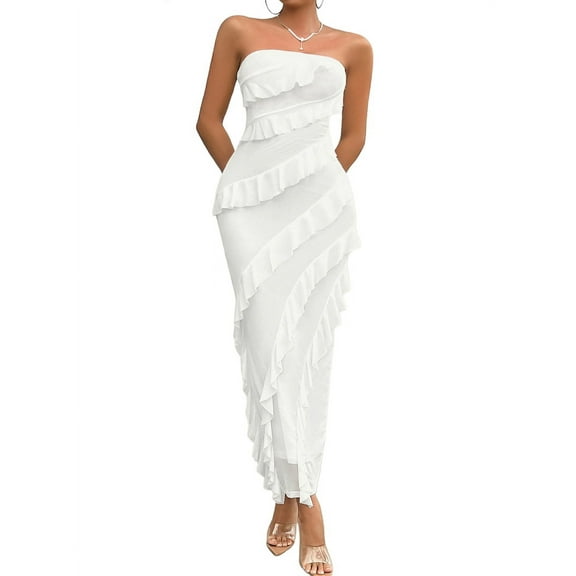 Mawalde Women'S Sexy- Bodycon Elegant Tube Top Ruffle Maxi Cocktail Party Dresses White S