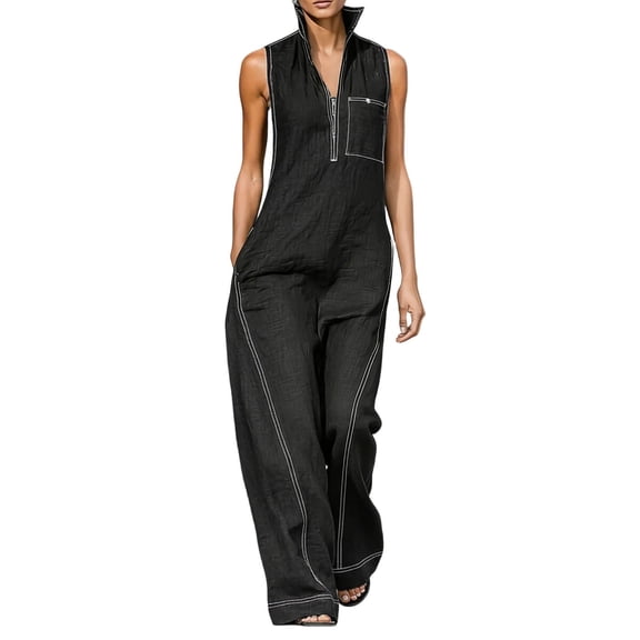 PWPSG Womens Stand Collar Sleeveless Half Zip Jumpsuits Contrast Stitch Wide Leg Pants with Side Entry Pockets Black XXXL