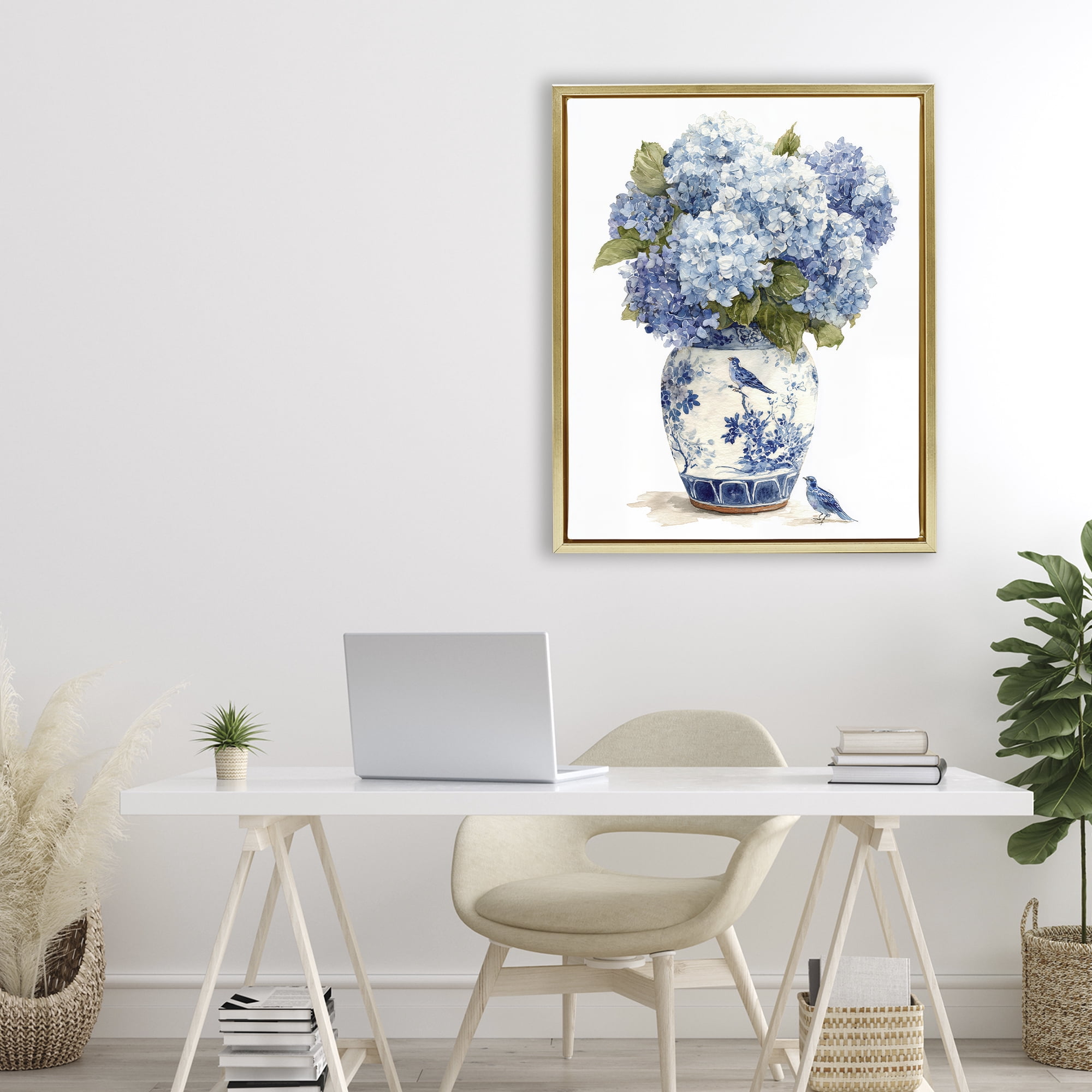 Stupell Industries Blue Bird & Hydrangea Vase Gold Framed Floater Canvas Wall Art, design by Imagine It Images