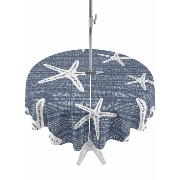 Outdoor Tablecloths with Umbrella Hole & Zipper, Dark Blue Starfish Coastal Round Tablecloths 60 Inch, Summer Beach Nautical Sea Ocean Waterproof Table Cloth, Patio/Pool/Picnic Table Covers