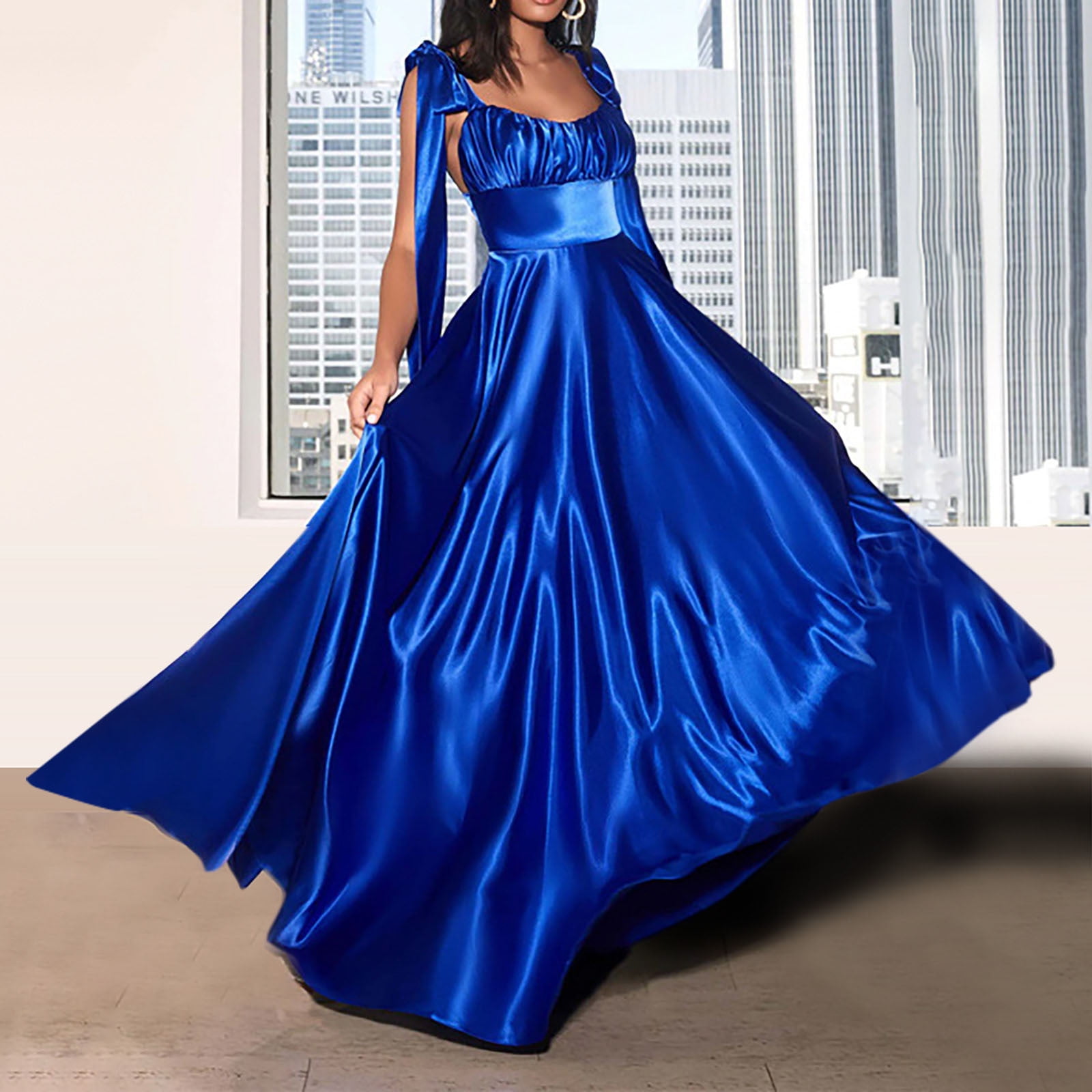 Wedding Guest Dresses Tie Spaghetti Straps Solid Sleeveless Princess Long Dress Flare Swing Formal Party Maxi Dress Walmart