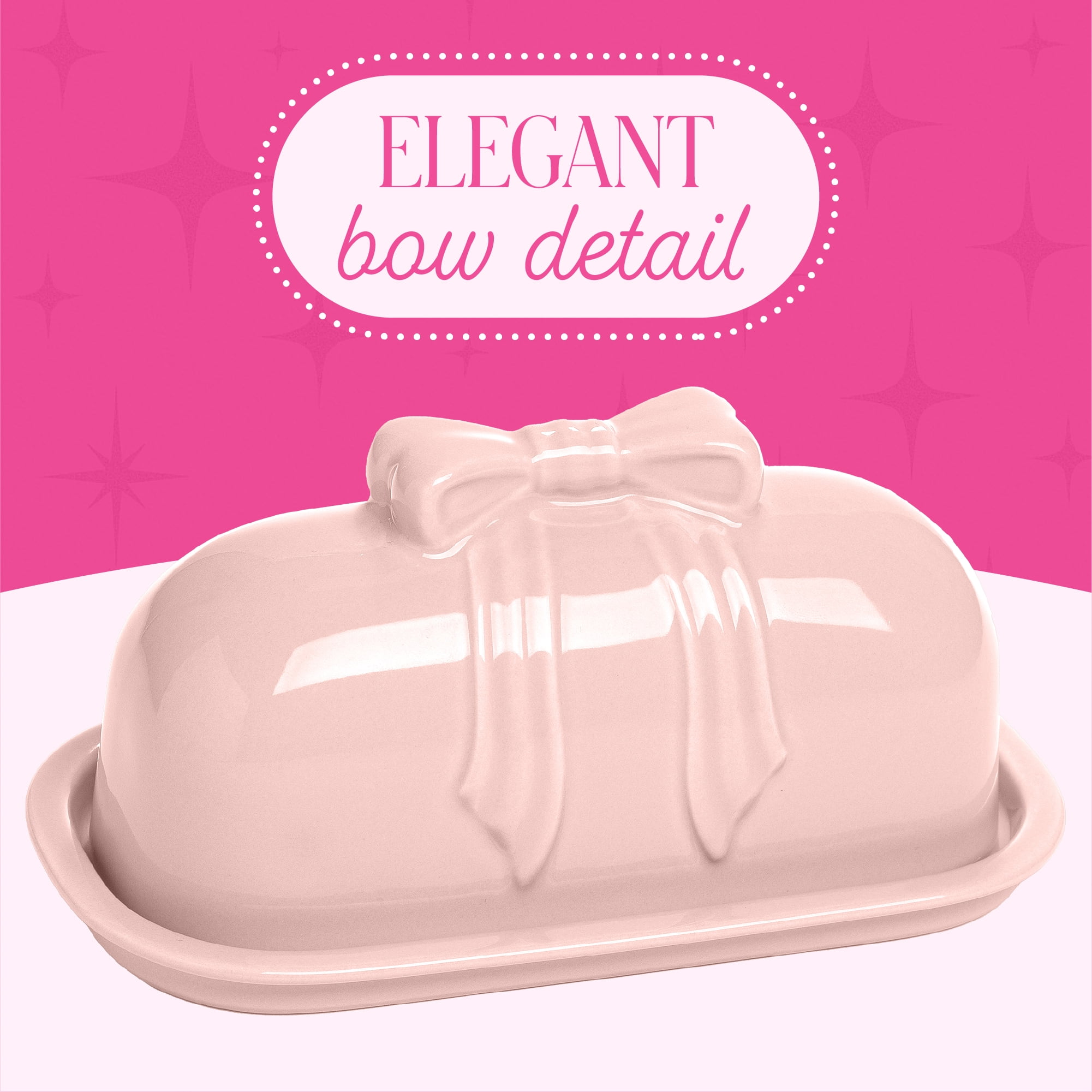 Paris Hilton London Collection Stoneware Bow Butter Dish, 2-Piece Stoneware, Microwave & Dishwasher Safe, Blush Pink
