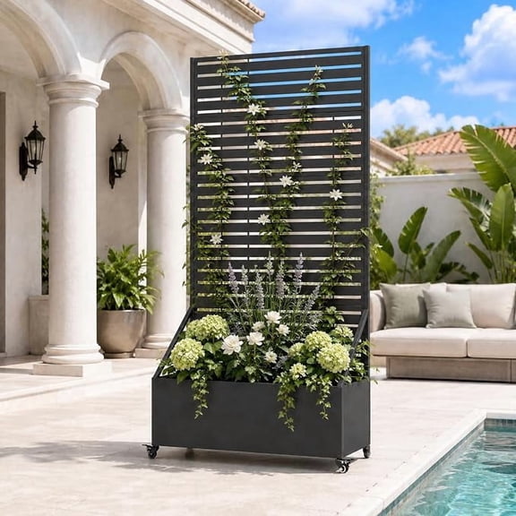 CuFun 73" Mobile Privacy Planter with Wheels, 36" Wide Metal Raised Garden Bed with Trellis for Climbing Plants, Black