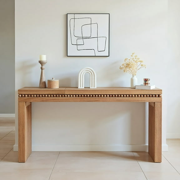 Resenkos 64in Rustic Wood Console Table – Elegant Entryway Table with Decorative Beaded Trim, Antique Natural