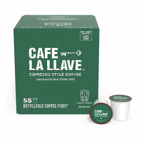 Cafe La Llave Espresso-Style Dark Roast Coffee Pods for Keurig K-Cup Brewers - Bold, Rich Flavor - 55 Count Single Serve Recyclable Capsules - Premium Arabica Beans - Family Crafted