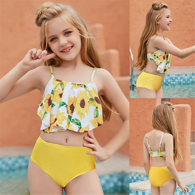 LSLJS Girls Two-Piece Swimsuits Bikini Sets Holiday Cute SunFlower Print Swimwear Bathing Suit Beach Sport