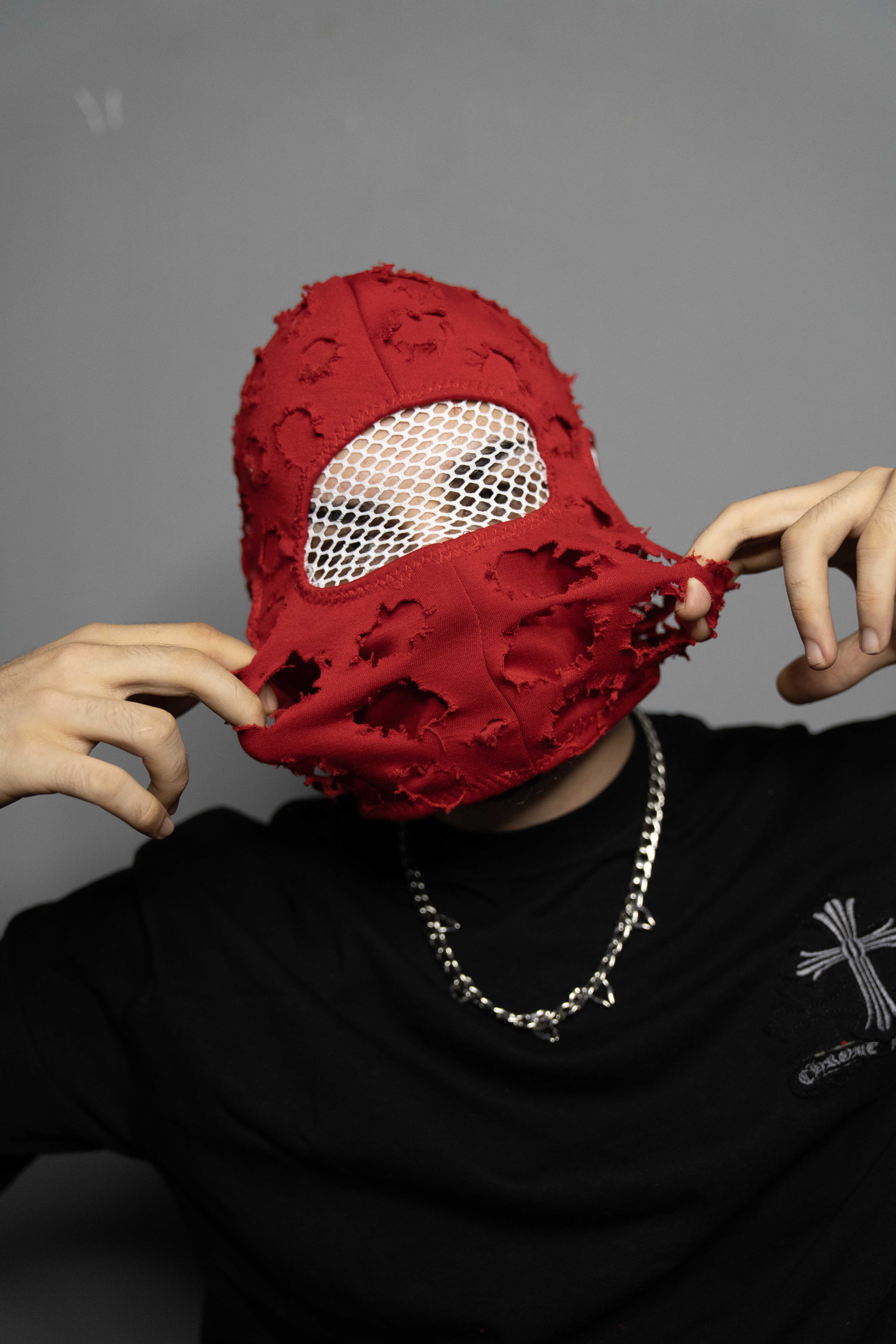 Ski mask and balaclava Red Charm Premium Double Layered Mask Round Frayed Edges, White Mesh Details Ideal for Motorcycle Riding, Skiing, Nightclub Wear."