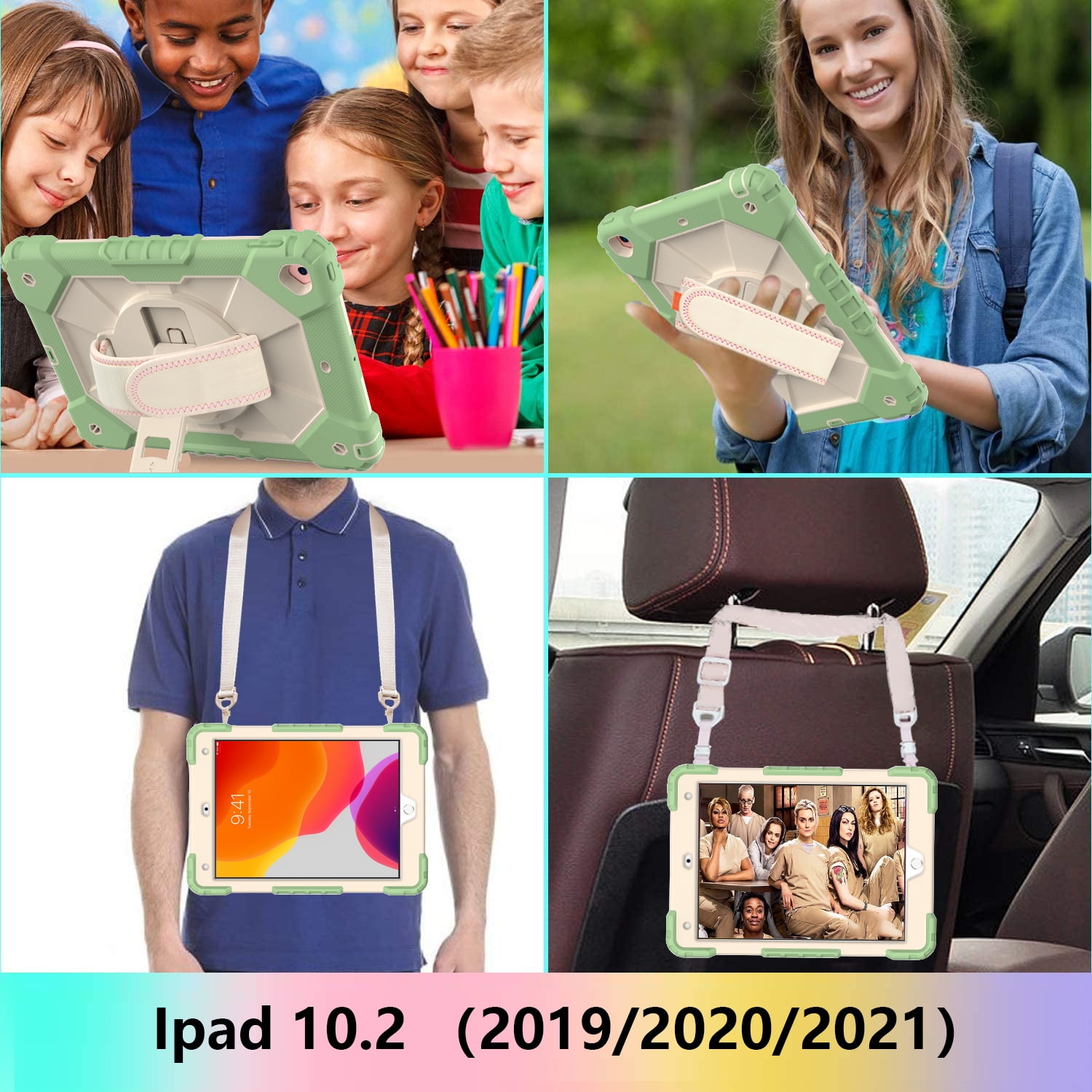 Case for iPad 9.7-inch 2018/2017, iPad Air 2 Case, iPad Pro 9.7 Cover, Kids Shockproof Rugged Hybrid 360 Rotating Stand Cover with Hand Shoulder Strap/Pencil Holder