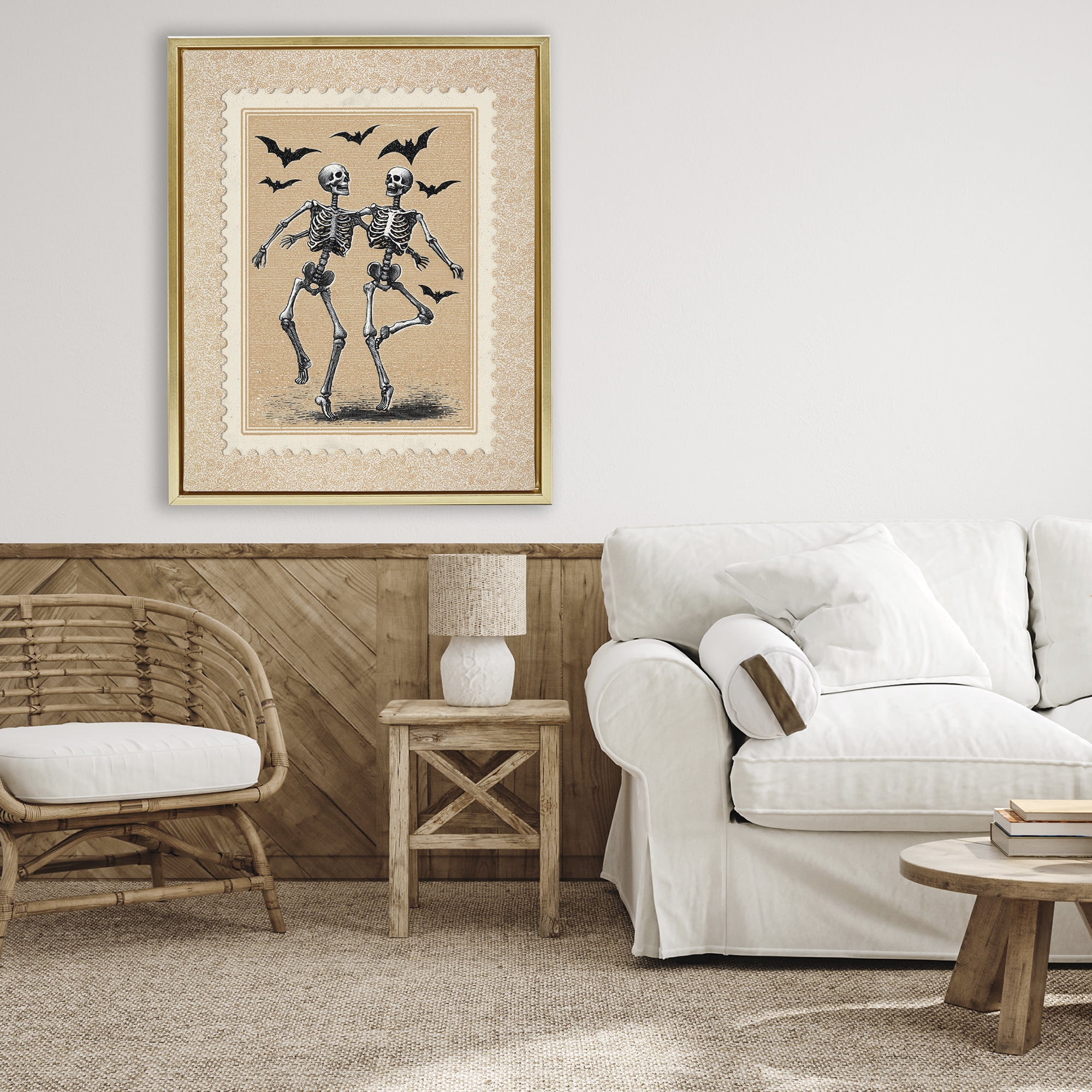 Vintage Dancing Skeletons Stamp Gold Framed Floater Canvas Wall Art, design by Arlington Prints