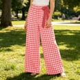 thumbnail image 7 of Pants Dqueduo Women's High-Waisted Plaid Wide-Leg Pants – Casual Elastic Waist Trousers with Pockets Watermelon Red M, 7 of 7
