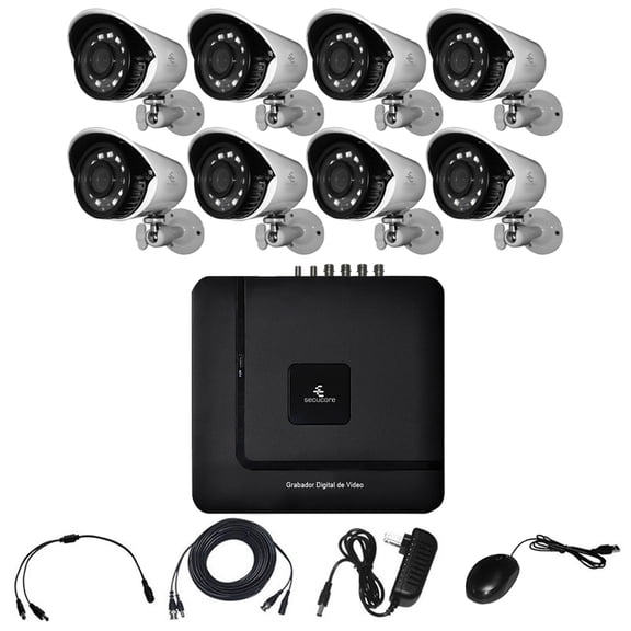 Kit CCTV 8 Cámaras Secucore Exterior Ángulo Amplio Video HD 1080p