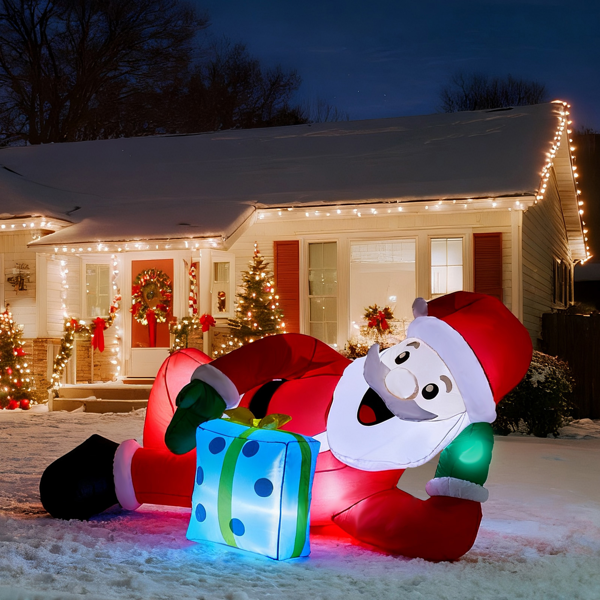Alvantor 7 ft Lighted Christmas Inflatable, Lying Santa with Gift Box and 7 White LEDs, Outdoor Yard Decor