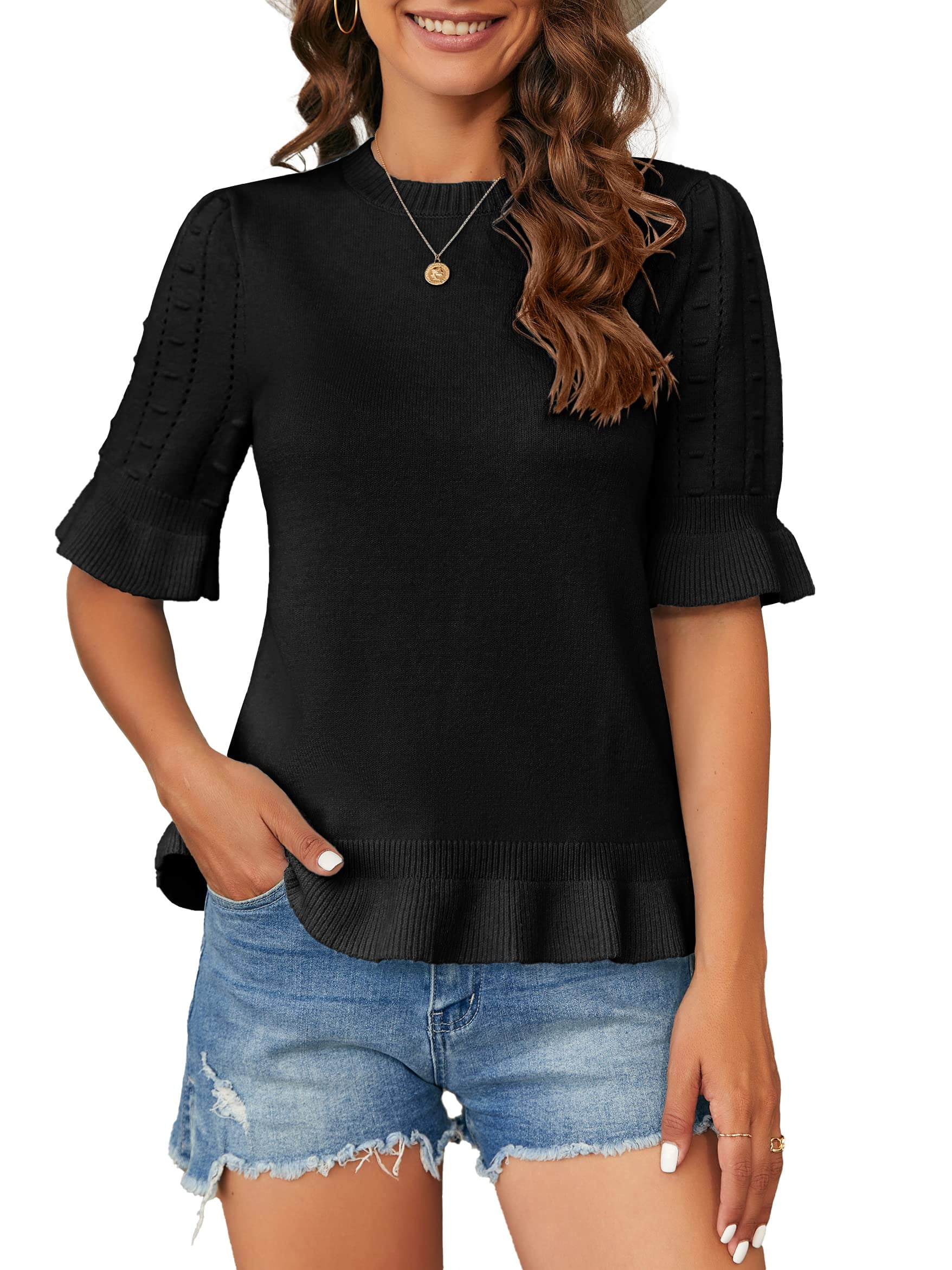 SHerrylily Womens Puff Short Sleeve Sweaters Tops Crew Neck Dot Pullover 