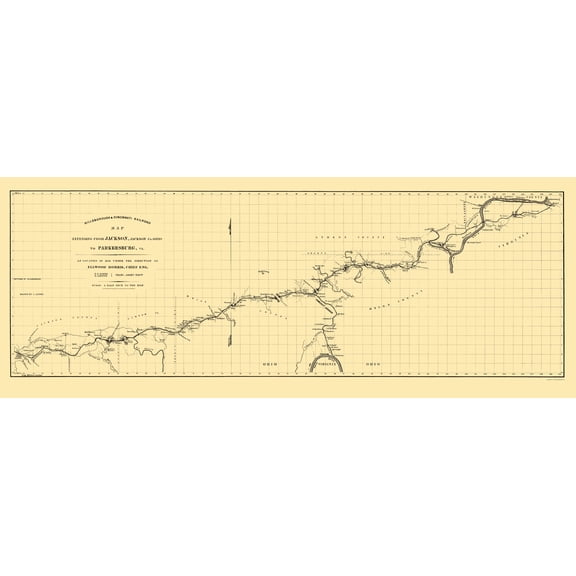 Railroad Map - Hillsborough and Cincinnati Railroad - Jacobil 1853 - 23 x 59 - Vintage Wall Art