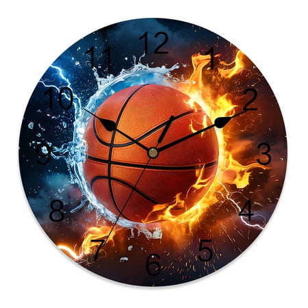 Wall Clock 10 Inch Cool Basketball Round Silent Decorative Wall Clocks Battery Operated for Living Room Bedroom Kitchen Classroom Decor, Sports Ball on Water And Fire,Small