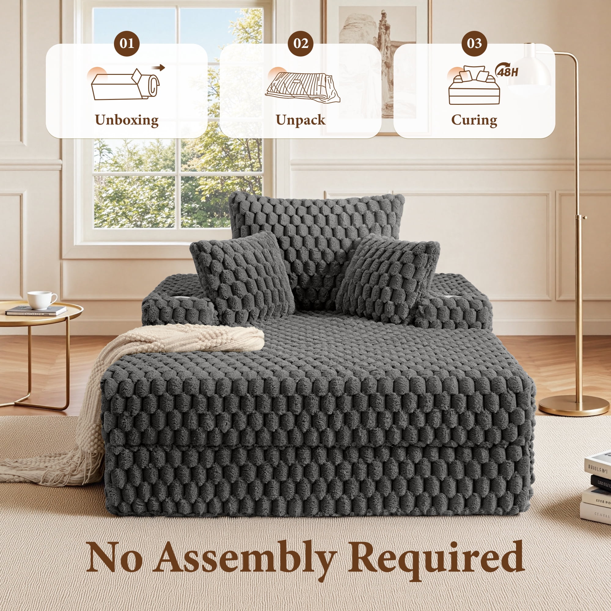 ATHOPE 67.3" Chaise Lounge Chair Indoor, Corduroy Couch Chair with Pillows, Comfy Reading Chairs with Wide Arms, Upholstered Sleeper Sofa for Living Room, No Assembly Required, Gray