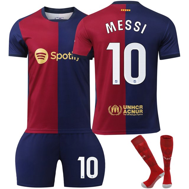 GZSL 2425 Barcelona Home Football Training Kit, Number # 10 Soccer Jersey, Colorful Short-Sleeve Kids Football Jersey with White Lettering and Small Logo Three-Piece Set/24