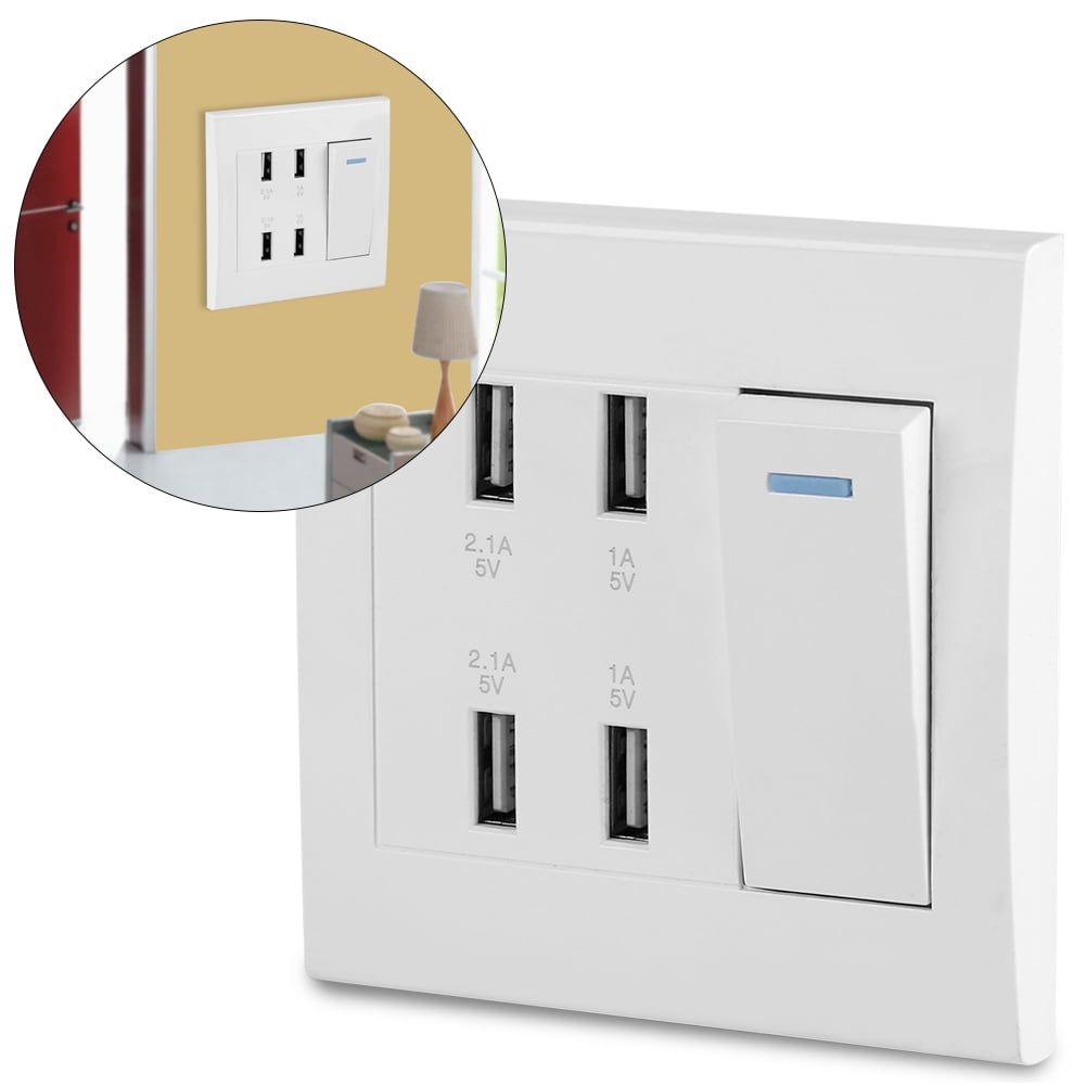 220~250V 4 Pôrts Switch Control 5V 2.1A/1A 4100mA USB Wall Mounted Power Socket Charger Outlet Switch Control 