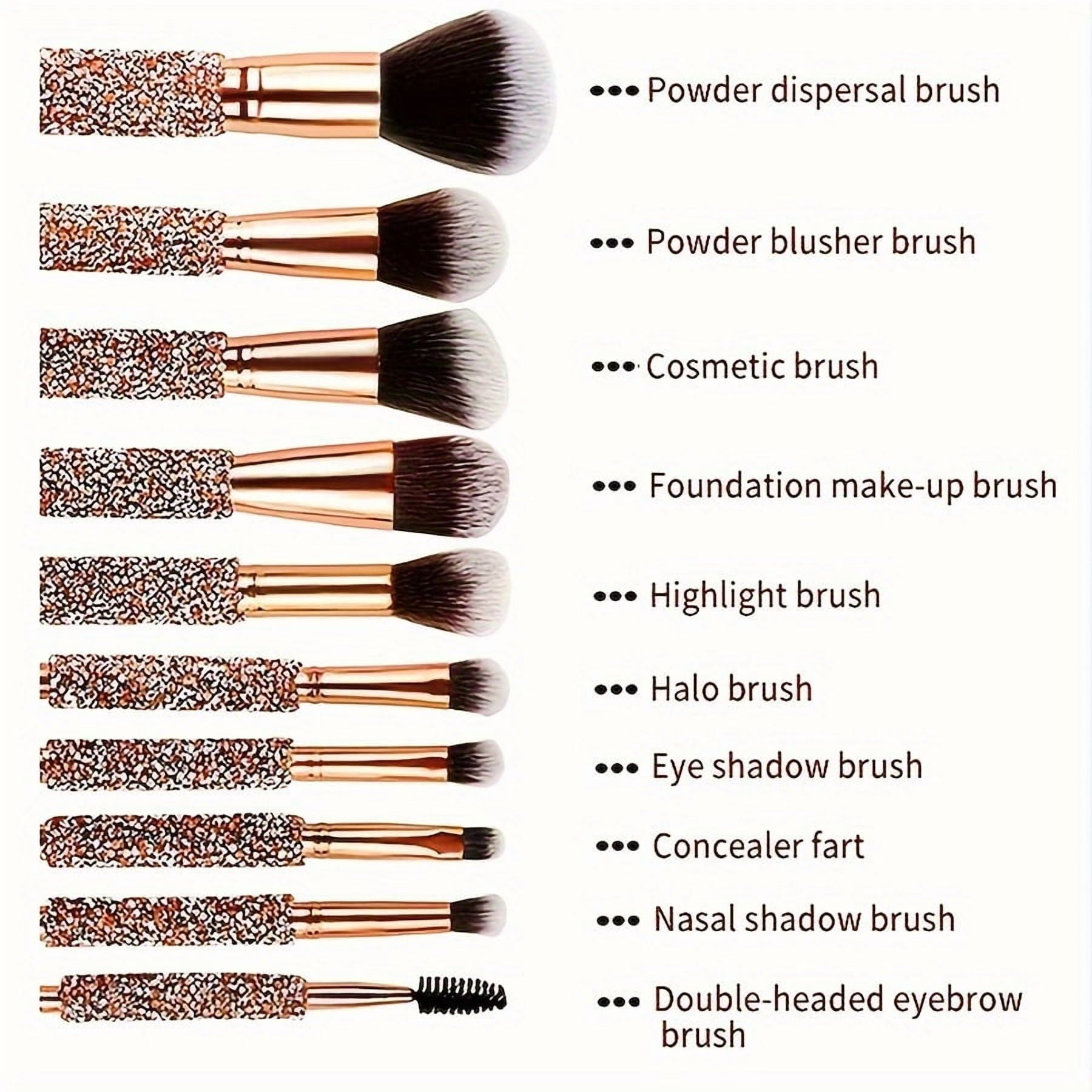14-piece set (10 makeup brushes + 1 brush bag + 3 powder puffs) High-end gold-plated rhinestone-encrusted handmade makeup brushes / Suitable for beginners / Applicable to all makeup looks