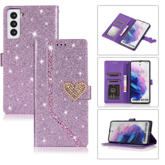 Shining Wallet Case for Samsung Galaxy S22 Plus with Card Slots Holder Kickstand Flip Folio Cover, Sparkle Bling PU Leather Diamond Heart Love Magnetic Clasp Stylish Case for Women Girls,Purple