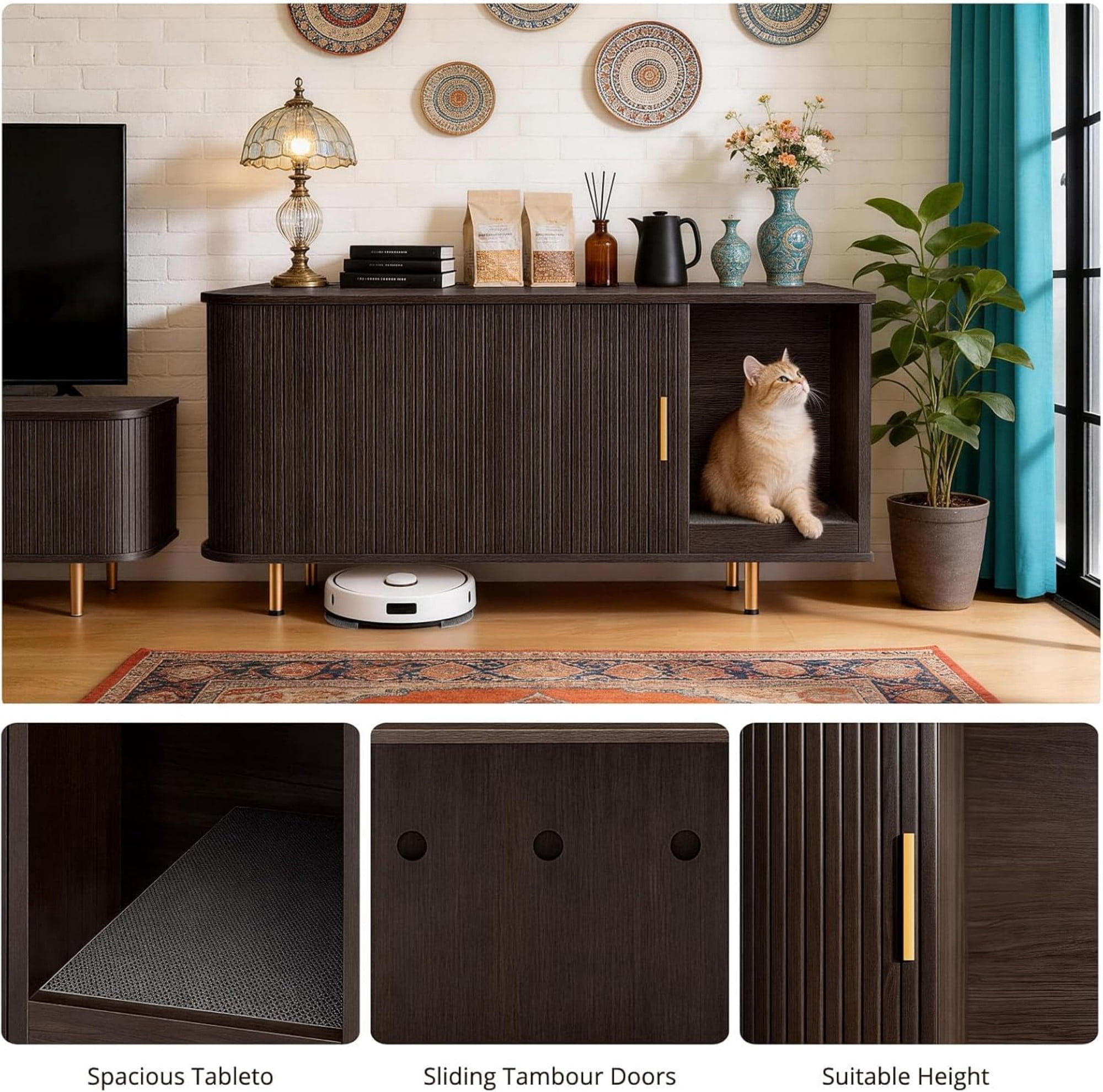 Cat Litter Box Enclosure Furniture with Sliding Door, Hidden Cat House Cabinet with Scratch Pad, Modern TV Stand Side Table, Coffee