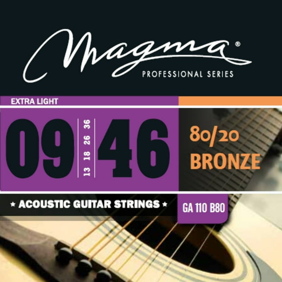 Magma Acoustic Guitar Strings Extra Light Gauge 80/20 Bronze Set, .009 - .046 (GA110B80)