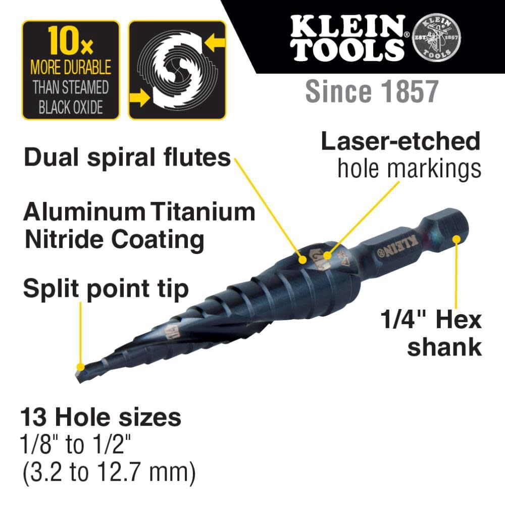 Klein Tools QRST01 Step Drill Bit, Quick Release, Spiral Flute, 1/8 to 1/2"