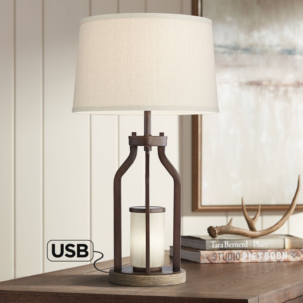 Franklin Iron Works Rustic Farmhouse Table Lamp with USB Charging Port
