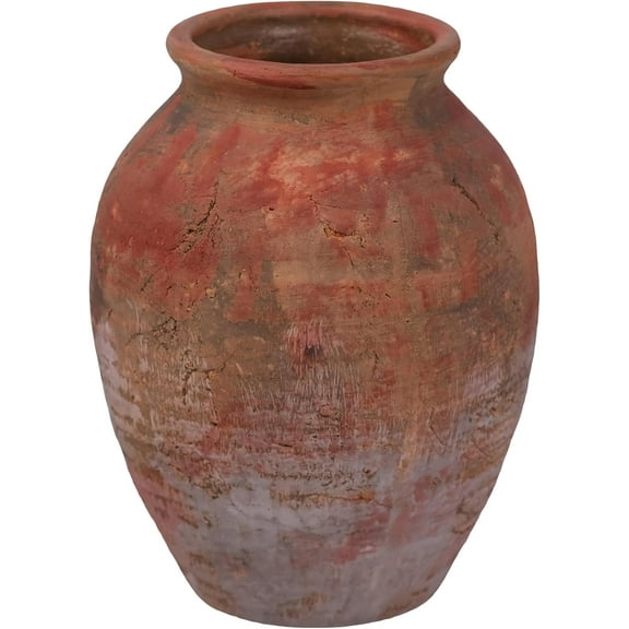 Rustic Terracotta Flower Vase, Distressed Red and White, Large Decorative Ceramic Pot