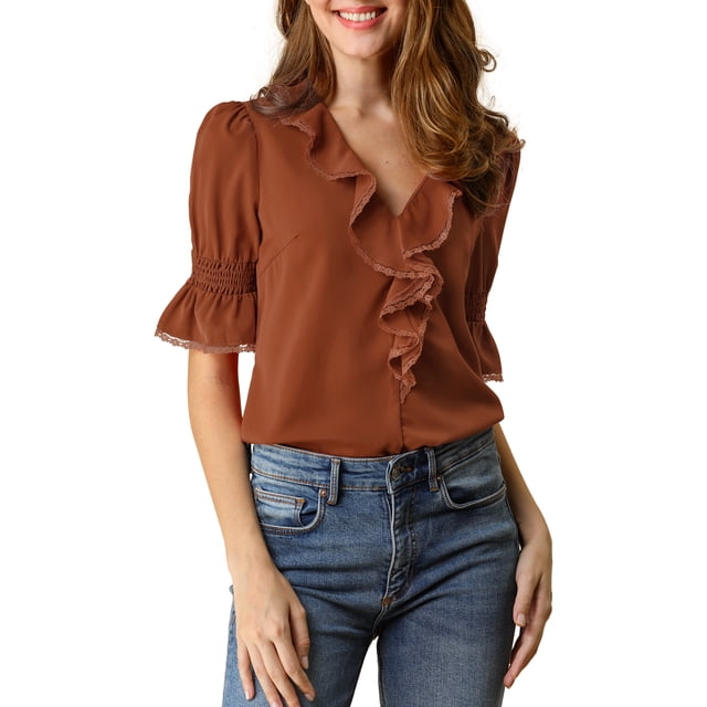 INSPIRE CHIC Women's Ruffled V Neck Puff Elbow Sleeve Semi-Sheer Chiffon Blouse S Brown