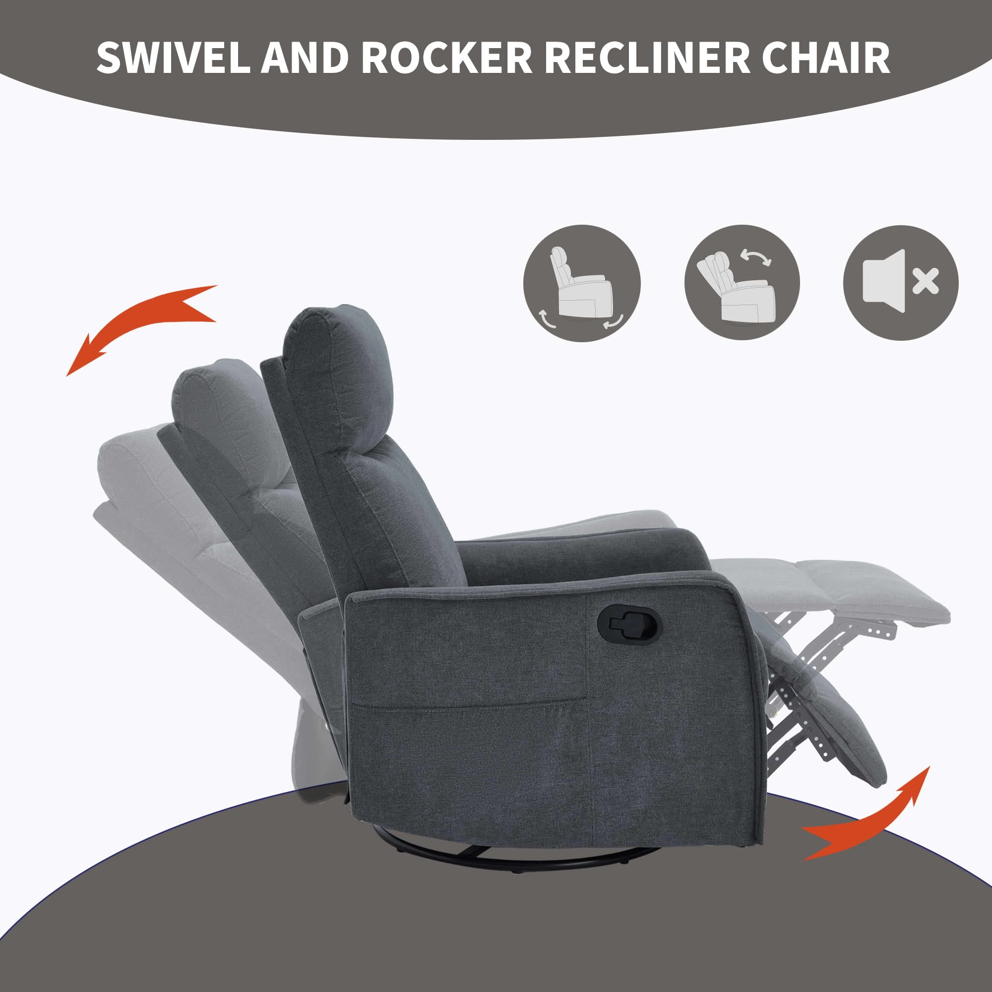 MAYEERTY Dark Grey Heat Massage Recliner Chair, 360° Swivel Rocker 27"x36"x40" for Living Room
