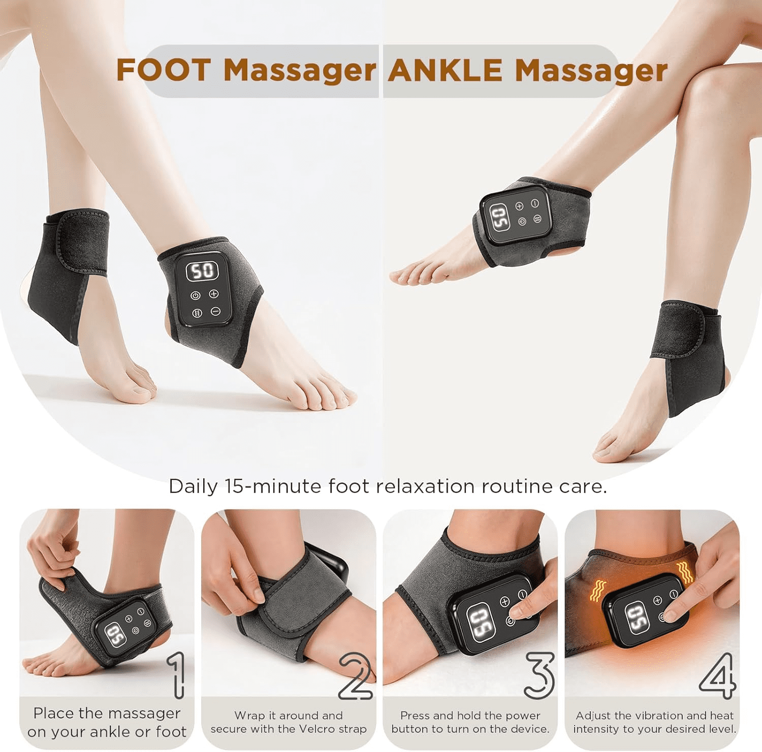 Portable Foot Massager, Heated Foot & Ankle Massager Wrap with Vibration Modes & Adjustable Heat Levels, Ideal Father's Day & Mother's Day Gifts, 2Pcs Grey