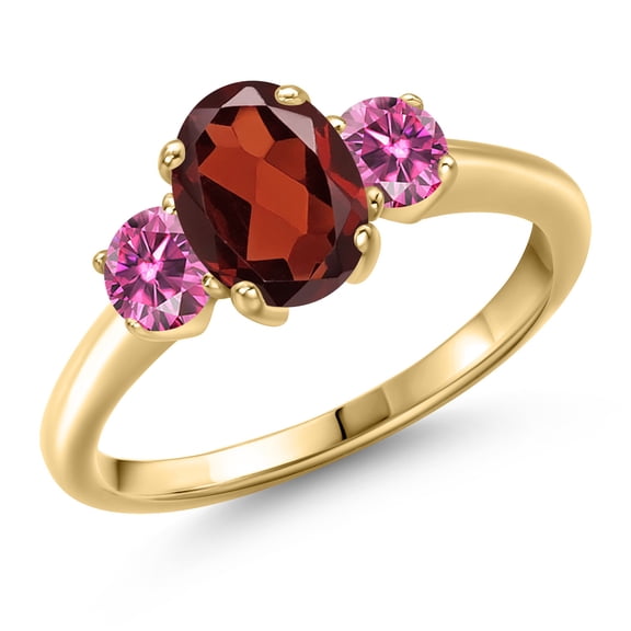 Gem Stone King 10K Yellow Gold Red Garnet and Pink Moissanite Engagement Ring for Women | 1.96 Cttw | Oval 8X6MM | Gemstone January Birthstone | Size 9