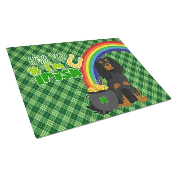 Black and Tan Cavalier Spaniel St. Patrick's Day Glass Cutting Board Large 12 in x 15 in