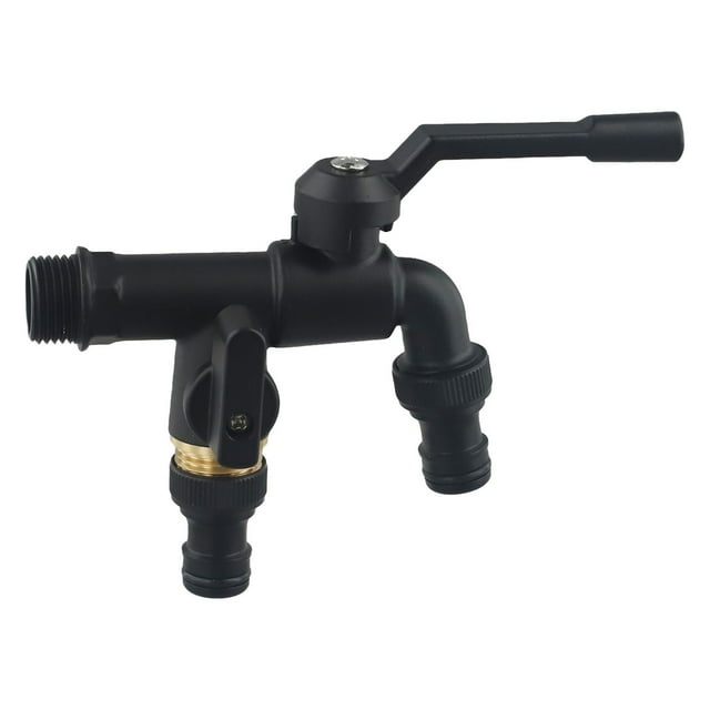 Convenient Watering Solution Dual Outlet Black Brass Garden Hose Faucet 12