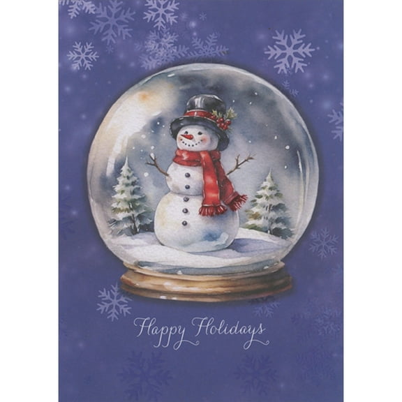 Designer Greetings Happy Holidays Snowglobe: Snowman with Red Scarf and Small Trees on Blue Box of 15 Christmas Cards