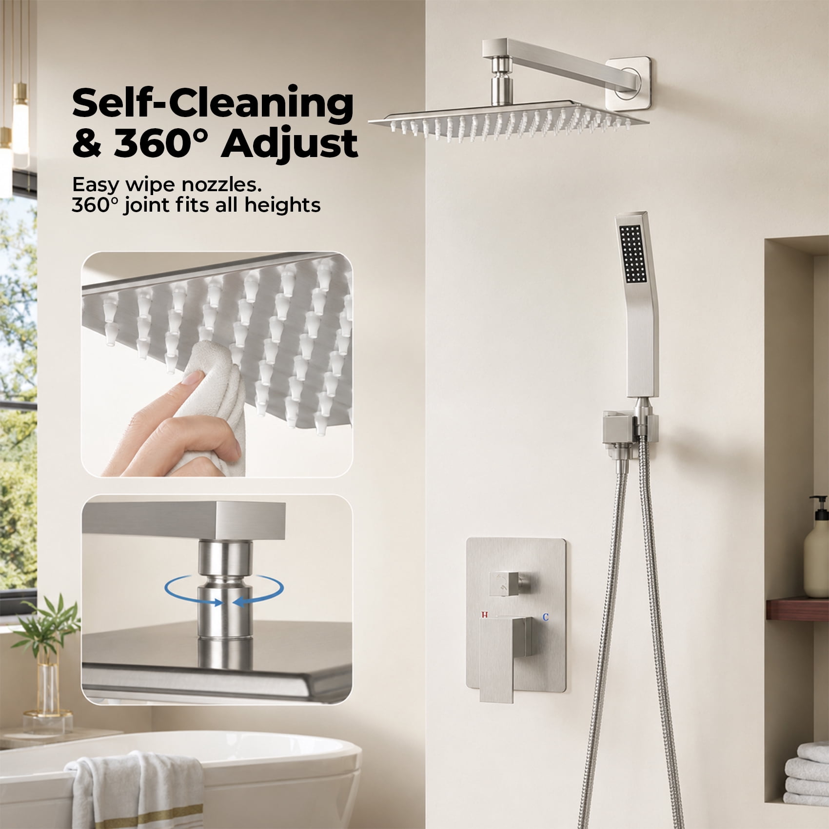 Alvantor Wall-Mounted Shower Faucet Set, 10/12 Inch Square Overhead Spray and Handheld Shower Head with Pressure Balance and Temperature Control Valve