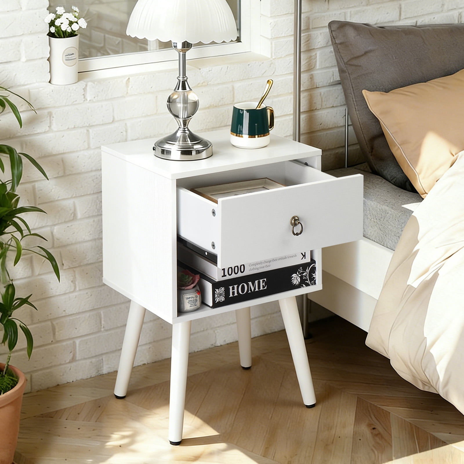 Ktaxon Wooden Night Stand Side End Table Storage Shelf with One Drawer Night Stand Sets of 1, White