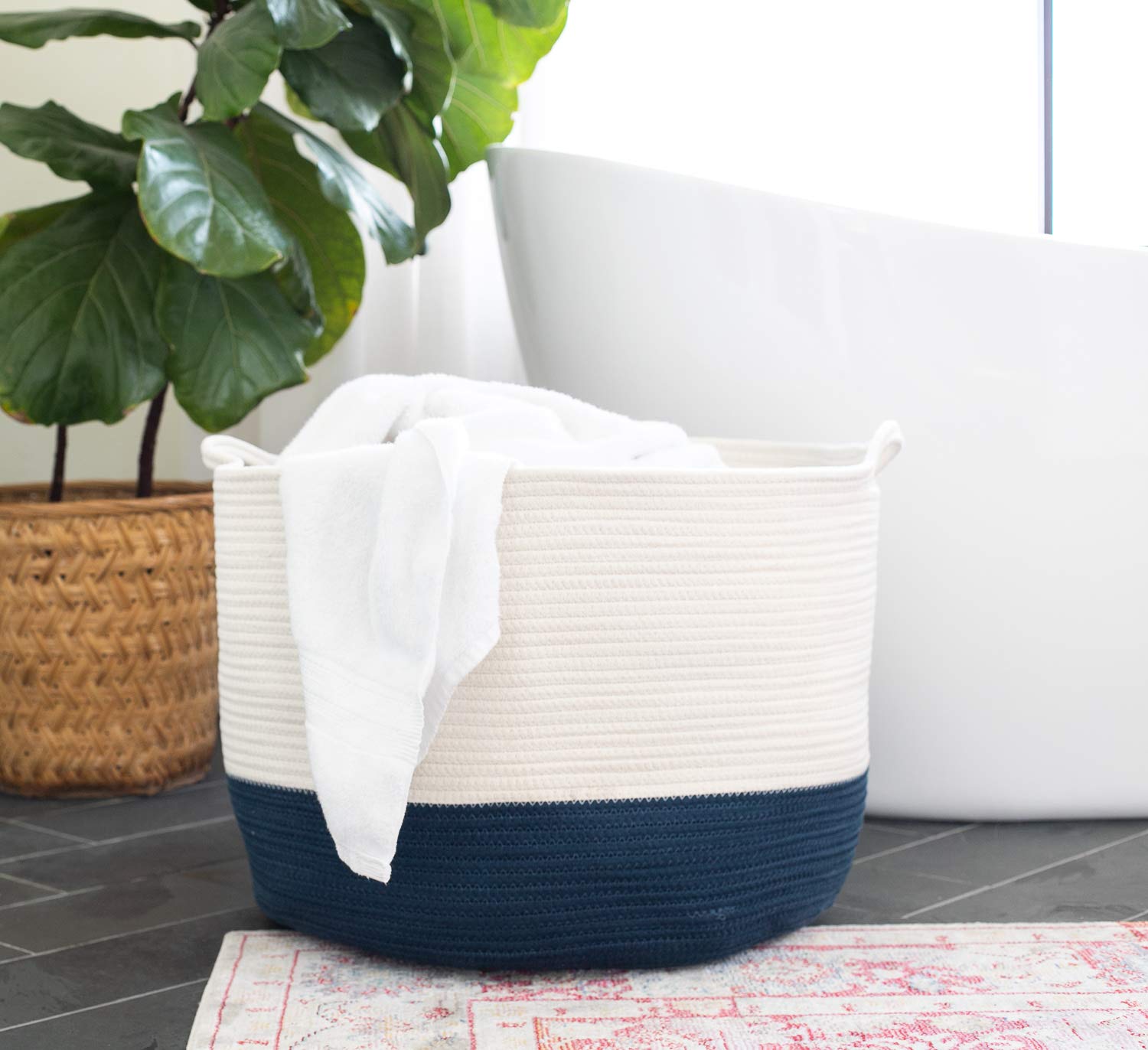 Chloe and Cotton XXXL Extra Large Woven Rope Basket with Handles for Storage - 15" H x 21.5" D - Navy White - image 4 of 5