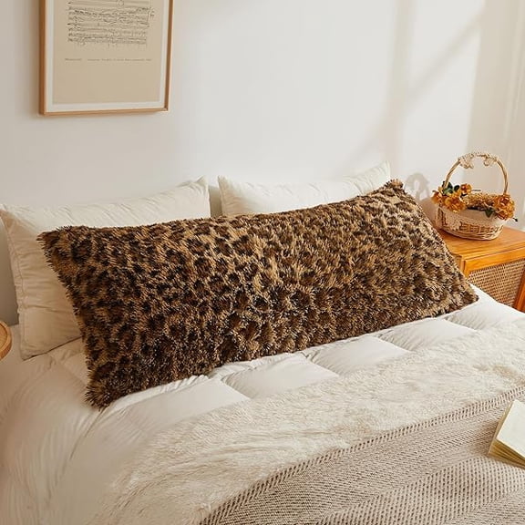 Eryueer Long Fluffy Bolster Pillowcase, Leopard Print Faux Fur Body Pillow Cover with Zipper Closure, Plush Fuzzy Standard Cheetah Bolster Pillow Case for Pregnant Women Side Sleeper, 4.6ft, Brown