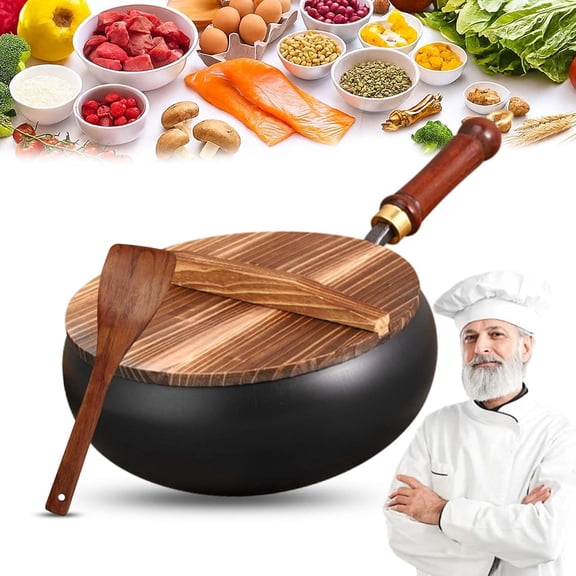 11'' Japanese Cast Iron Pot, Uncoated Thick Iron Pot, Non-Stick Carbon Steel Wok Pan with Lid, Traditional Japanese Cookware, 99% High Purity Frying Pan for Kitchen