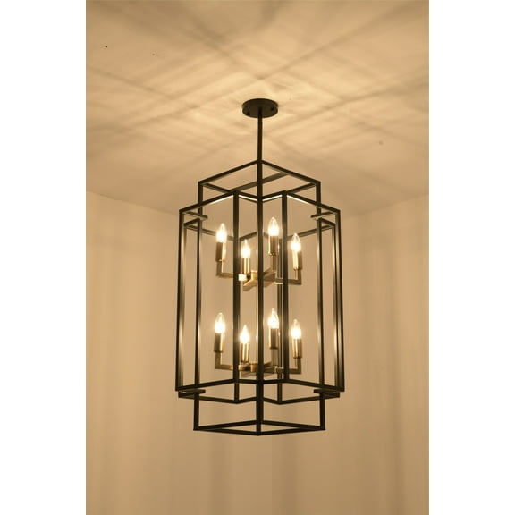 Magic Home Industrial Traditional Vantage 8 - Light 4 - Light Lantern Rectangle 2-Tier Chandelier Ceiling Mount E12 Adjustable Hanging Height Black