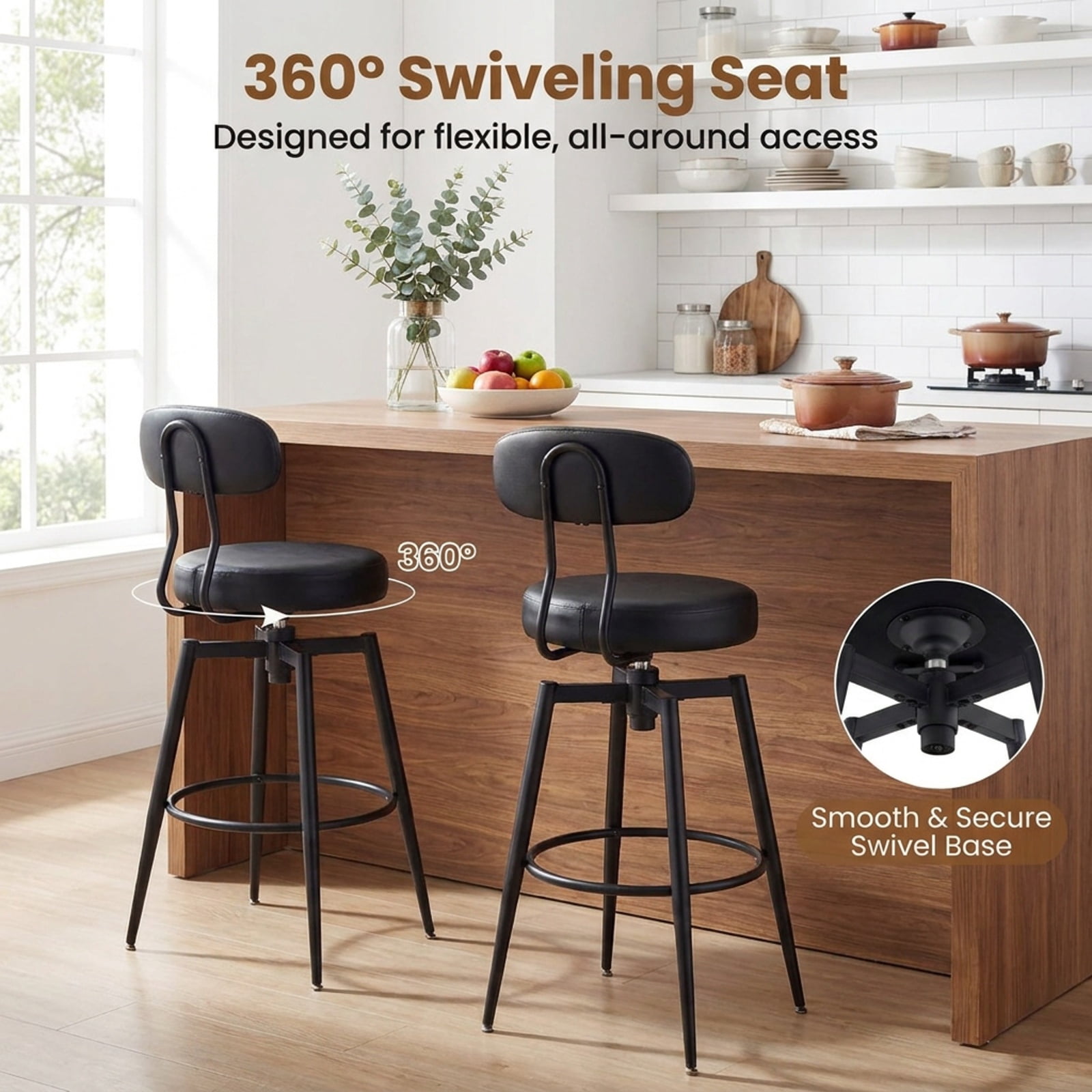Furnibear Set of 2 Swivel Barstools Faux Leather with Upholstered Seat and Back for Kitchen Island Counter Bar Pub Dining Home, Black
