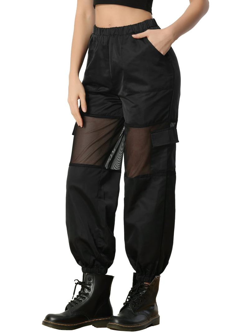 Allegra K Women's High Waist Mesh Panel Sheer Elastic Cargo Pants